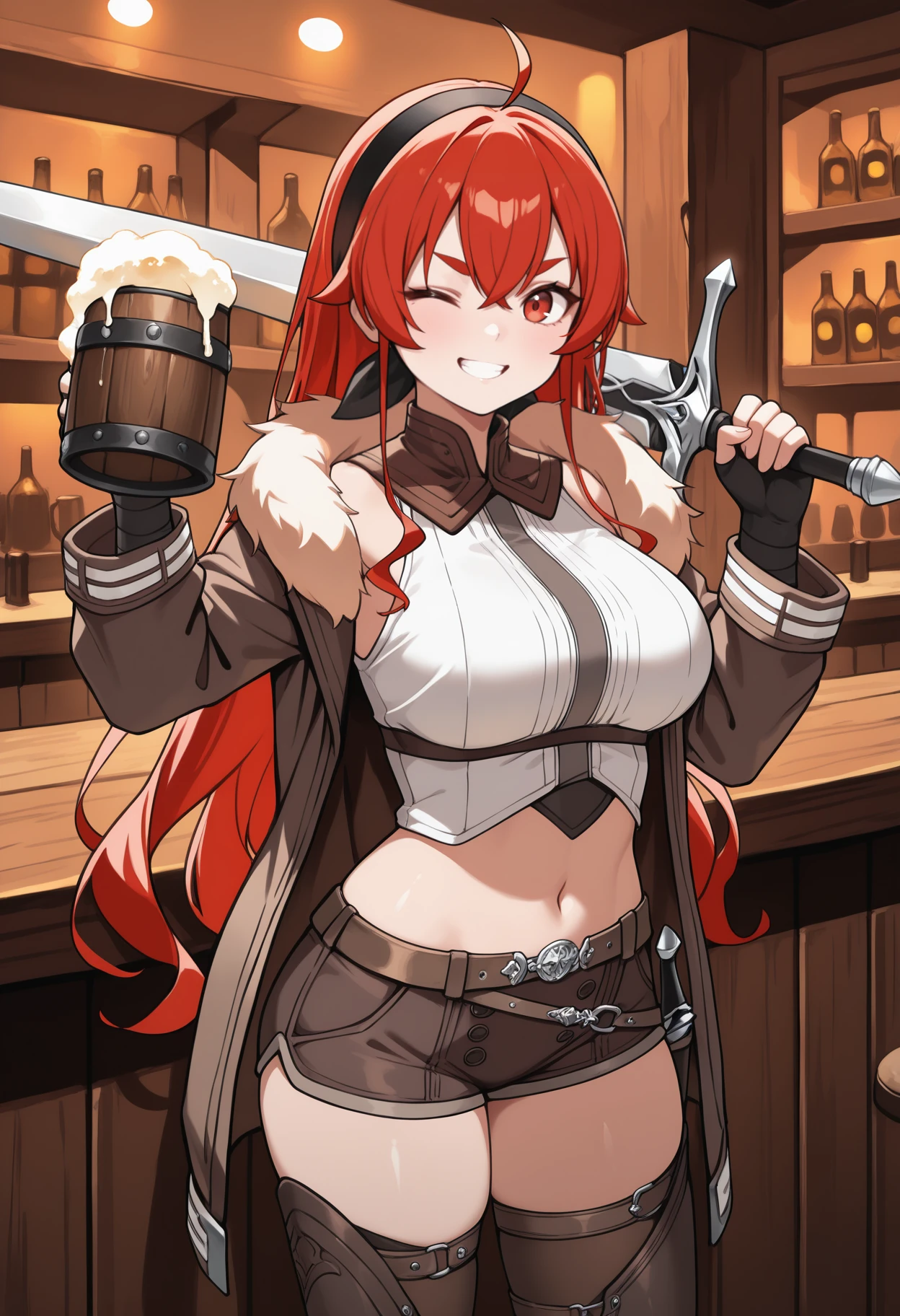 masterpiece, best quality, solo, 1girl, er1s, grin, looking at viewer, standing, holding sword, weapon over shoulder, holding beer mug, long hair, red hair, hair between eyes, ahoge, crossed bangs, sidelocks, black hairband, red eyes, thick eyebrows, one eye closed, fur trim, brown jacket, fur-trimmed jacket, open jacket, long sleeves, white shirt, brown collar, sleeveless shirt, cropped shirt, black gloves, fingerless gloves, brown shorts, short shorts, brown belt, brown thighhighs, midriff, navel, indoors, bar \(place\)
<segment:yolo-face_yolov8m.pt,0.4,0.5//cid=1>