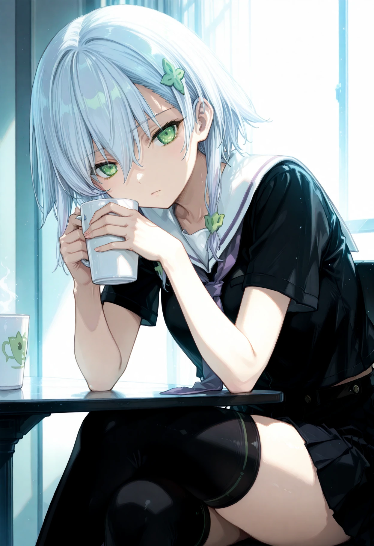 perfect quality, best quality, absolutely eye-catching, cinematic, (masterpiece), (ultra-detailed), Soft lighting, very aesthetic, illustration, perfect composition, ultra detailed face, detailed eyes, 1girl, green eyes, beautiful eyes, beautiful, saki inui, black shirt, schoolgirl uniform, purple necktie, white hair, short hair, hair ornament,  sit, crossed legs, cup, holding cup, emotionless, black thighhighs, zettai ryouiki