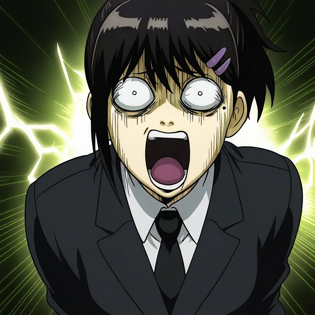 kobeni higashiyama, black hair, hair ornament, hairclip, mole, mole under eye, ponytail, short hair, brown eyes, black necktie, business suit, formal, long sleeves, necktie, suit, 1girl, solo, alone, gintama_funny_face, blank eyes, open mouth, impact lines, lightning energy in the background, looking at the viewer, masterpiece, highres, highly detailed face, highly detailed shining eyes, symmetrical highly detailed eyes