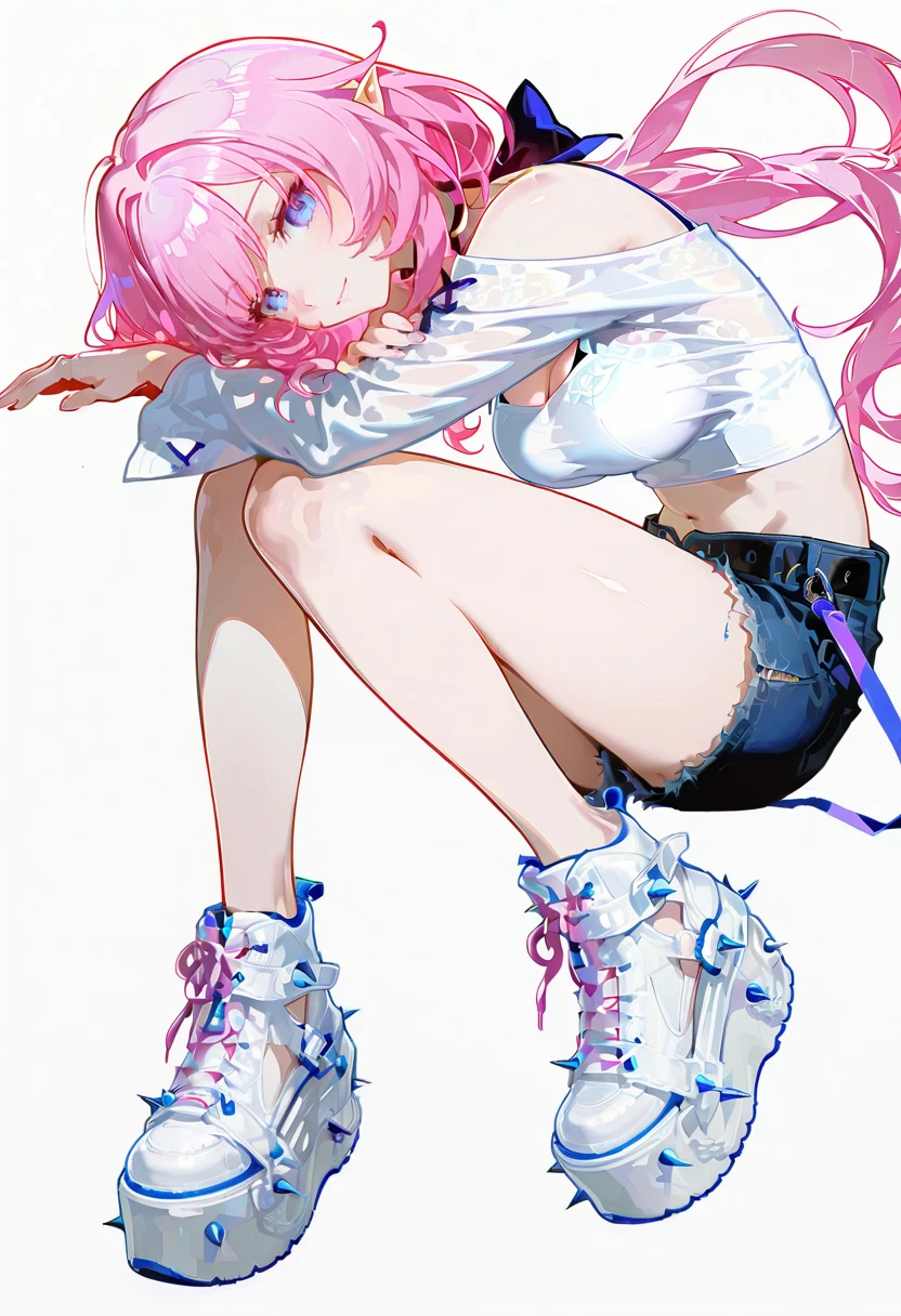 1girl,solo,looking at viewer,ikeda ruriko, yru platform shoes, sneakers, spikes, white footwear, elysia_(honkai_impact)