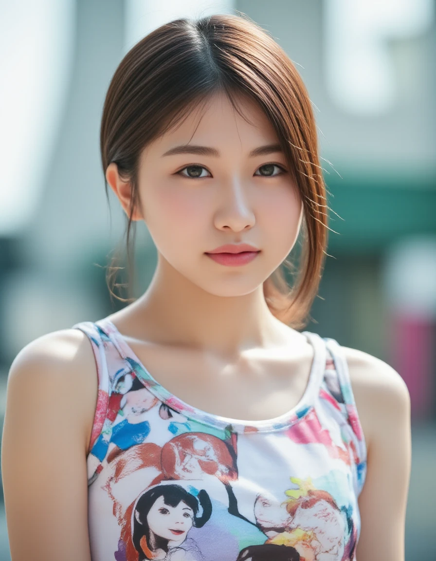 Photorealistic image of a woman, upper body, portrait,
"Teenager in a summer tank top with popular anime character prints.", (best quality), (masterpiece), 16k, 8K, ultra detailed, detailed skin, detailed face, masterpiece, best quality, ultra-detailed, intricate details, high resolution, 8k, sharp focus, vivid colors, high contrast, cinematic lighting, "The modern architecture of the Centre Pompidou, a hub of contemporary art in Paris."