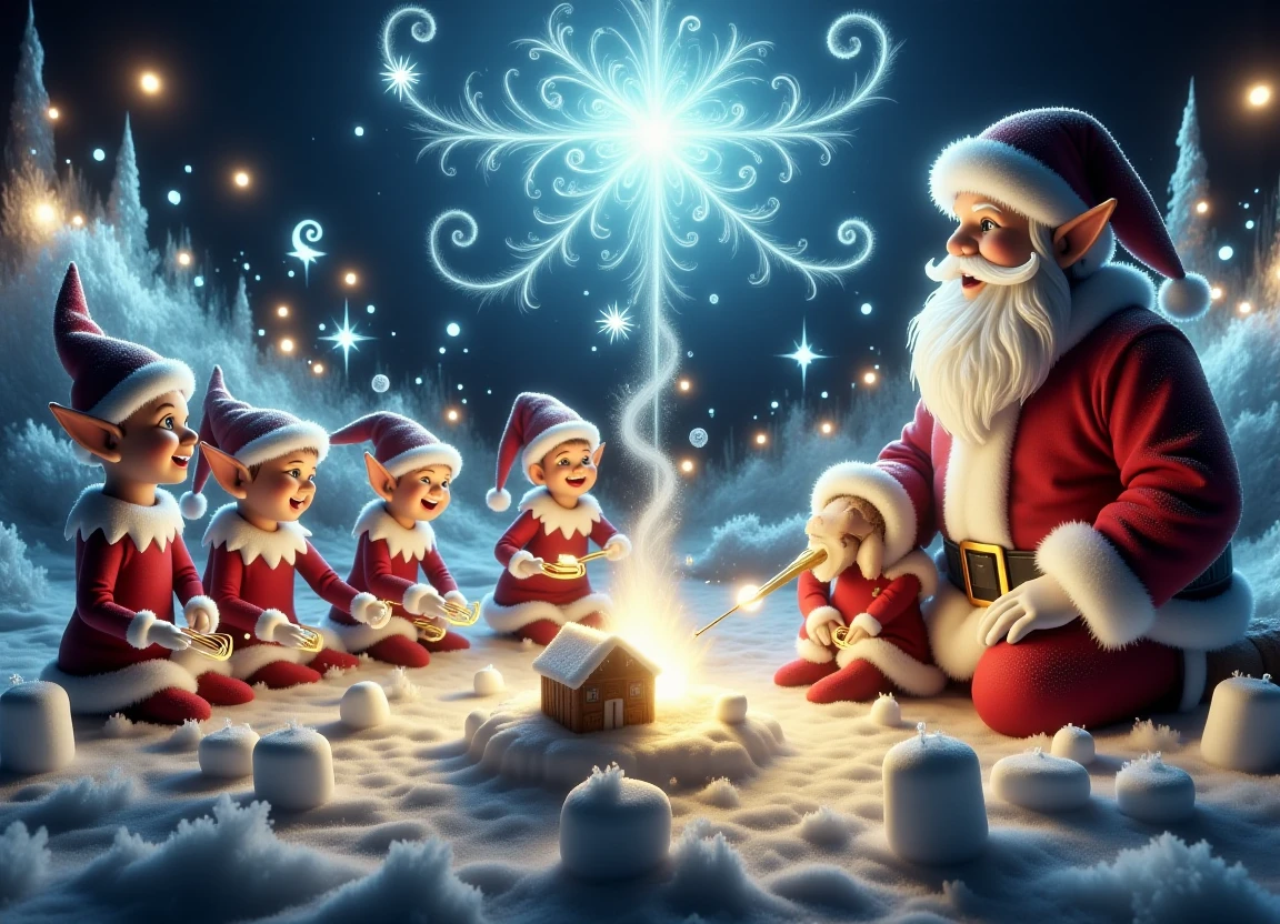 A whimsical winter wonderland scene with an elf-themed twist: a group of smiling elves gathered around a roaring fireplace, surrounded by the warm glow of string lights, as they sit together in a cozy nativity scene setting, roasting marshmallows and making gingerbread houses, all while Santa Claus looks on with a jolly smile, set against a tranquil and serene background that exudes heartfelt and sentimental feelings, with radiant and glowing colors that evoke a sense of magic and wonder.