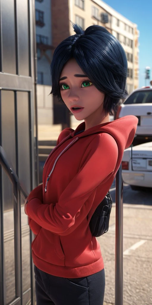 Hyperrealistic, photorealistic, super detailed, (1boy), (boy's chest), bright red hoodie, messy rock-style black hair with blues reflections, vivid green eyes, tan skin, body like in real life, large pores, thick eyebrows, slender face with a pointed chin, fairly tall, slender, unreal engine, octane render, droped shadow, bokeh, cinematic lighting, <lora:add_detail:0.5>, <lora:Volumetric_lighting:0.6>, Marc Anciel, <lora:3e4e5df5-a216-430d-82d8-1a8f0af9e99e:0.7>