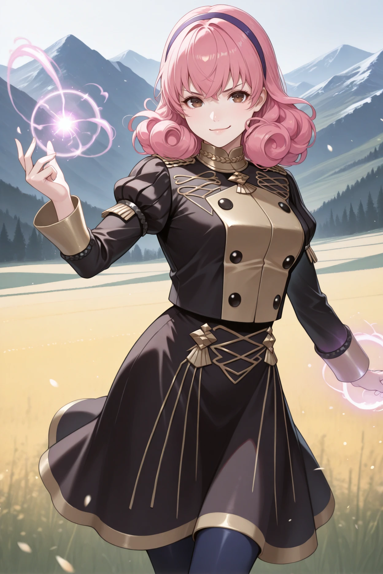 masterpiece, best quality, 1girl, solo,  <lora:fegenny-illu-nvwls-v1-000007:1> fegny, pink hair, curly hair, medium hair, brown eyes, purple hairband,  <lora:gmuniform1-illu-nvwls-v1:1> gmuniform1, black jacket, gold trim, puffy sleeves, black buttons, black skirt, blue pantyhose, looking at viewer, casting magic, smile, smirk, field, mountains