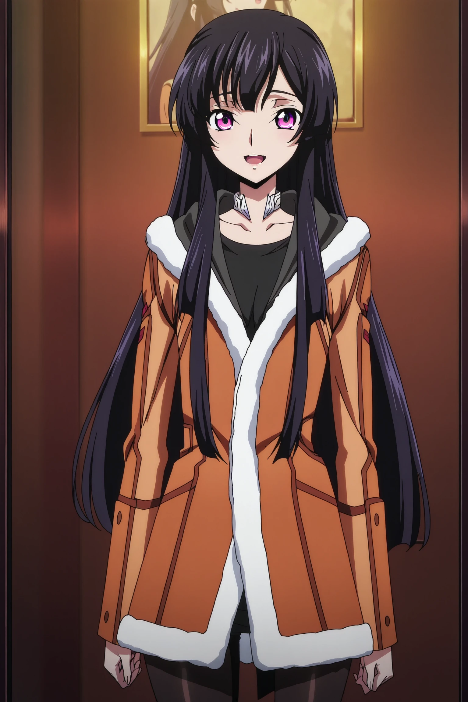 anime coloring, screencap, anime screencap, masterpiece, detailed face,
 <lora:Sakuya_Sumeragi_Code_Geass_Rozé_of_the_Recapture_-_Illustrious:1>Sakuya coat outfit, 1girl, solo, long hair, purple eyes, pantyhose, black hair, coat, black hair, 
cowboy shot,  looking at the viewer, mouth open, happy girl, big smile, :D