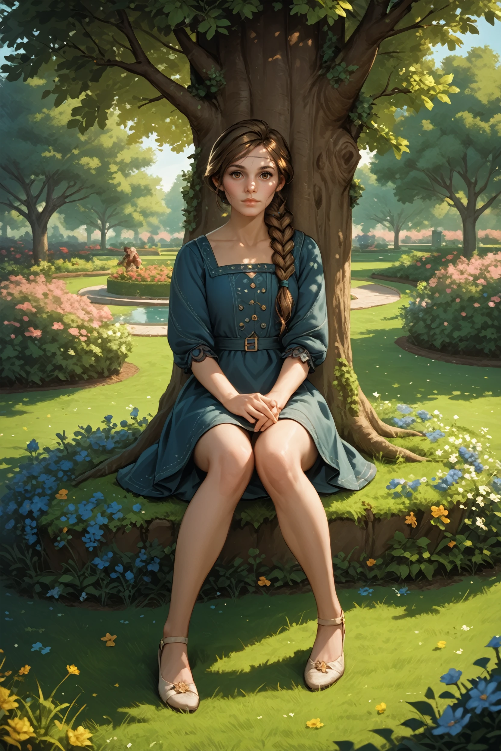 score_9, score_8_up, score_7_up, score_6_up
<lora:PBeatrice:0.8>
PBeatrice, 1girl, brown eyes, brown hair, long hair, single braid, circle, looking at viewer, sitting, knees apart feet together , against tree, outside, garden, park, grass, flowers