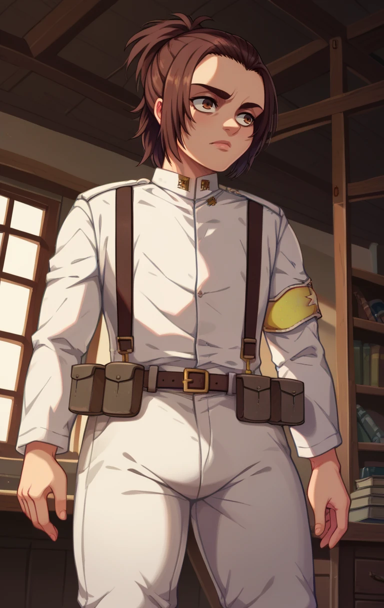 score_9,score_8_up,score_7_up,zPDXL2,zPDXLxxx,zPDXL3,<lora:Gabi:1>,GabiBraunMArlo,1girl,brown hair,brown eyes,ponytail,belt,uniform,military,military uniform,suspenders,armband,pouch,white pants,cowboy shot,room,room background,from below,