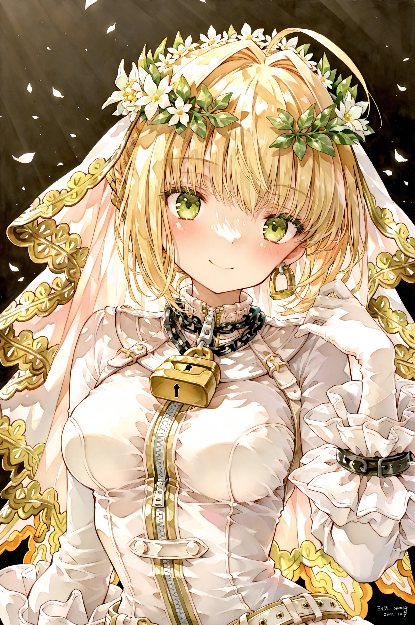 masterpiece,best quality,1girl,solo,absurdres,
1girl,nero claudius (bride) (fate),solo,nero claudius (fate),green eyes,blonde hair,smile,gloves,breasts,ahoge,chain,looking at viewer,hair intakes,veil,lock,upper body,blush,medium breasts,white gloves,closed mouth,padlock,signature,flower,white bodysuit,zipper,bodysuit,hand up,blurry,depth of field,long sleeves,belt,hair flower,hair ornament,short hair,artist name,dated,bridal veil,sidelocks,head wreath,
masterpiece,best quality,good quality,newest,year 2024,year 2023,very aesthetic,absurdres,Visual impact,A shot with tension,ultra-high resolution,32K UHD,sharp focus,best-quality,masterpiece,Emotionalization,unconventional supreme masterpiece,masterful details,temperate atmosphere,with a high-end texture,in the style of fashion photography,(Visual impact:1.2),impactful picture,offcial art,colorful,movie perspective,
upper body,<lora:yzl-illV1:1>,