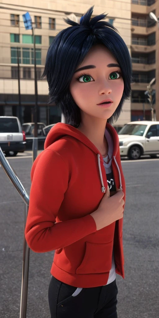 Hyperrealistic, photorealistic, super detailed, (1boy), (boy's chest), bright red hoodie, messy rock-style black hair with blues reflections, vivid green eyes, tan skin, body like in real life, large pores, thick eyebrows, slender face with a pointed chin, fairly tall, slender, unreal engine, octane render, droped shadow, bokeh, cinematic lighting, <lora:add_detail:0.5>, <lora:Volumetric_lighting:0.6>, Marc Anciel, <lora:3e4e5df5-a216-430d-82d8-1a8f0af9e99e:0.7>