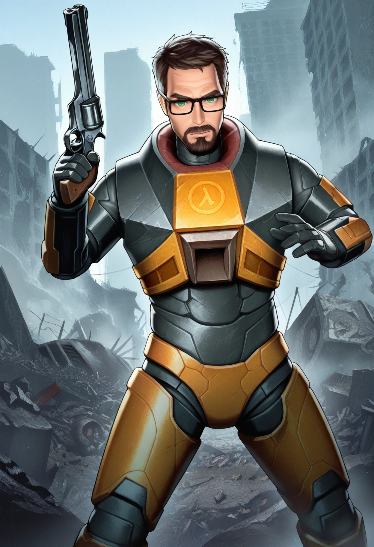 masterpiece, best quality, hires, absurdres, newest, 1boy, solo, male focus, <lora:gordonfreeman-hl-richy-v1_ixl:1>  gordonfreeman, brown hair, short hair, facial hair, glasses, green eyes, power armor, outdoors, standing, holding gun, revolver, aiming, post-apocalypse