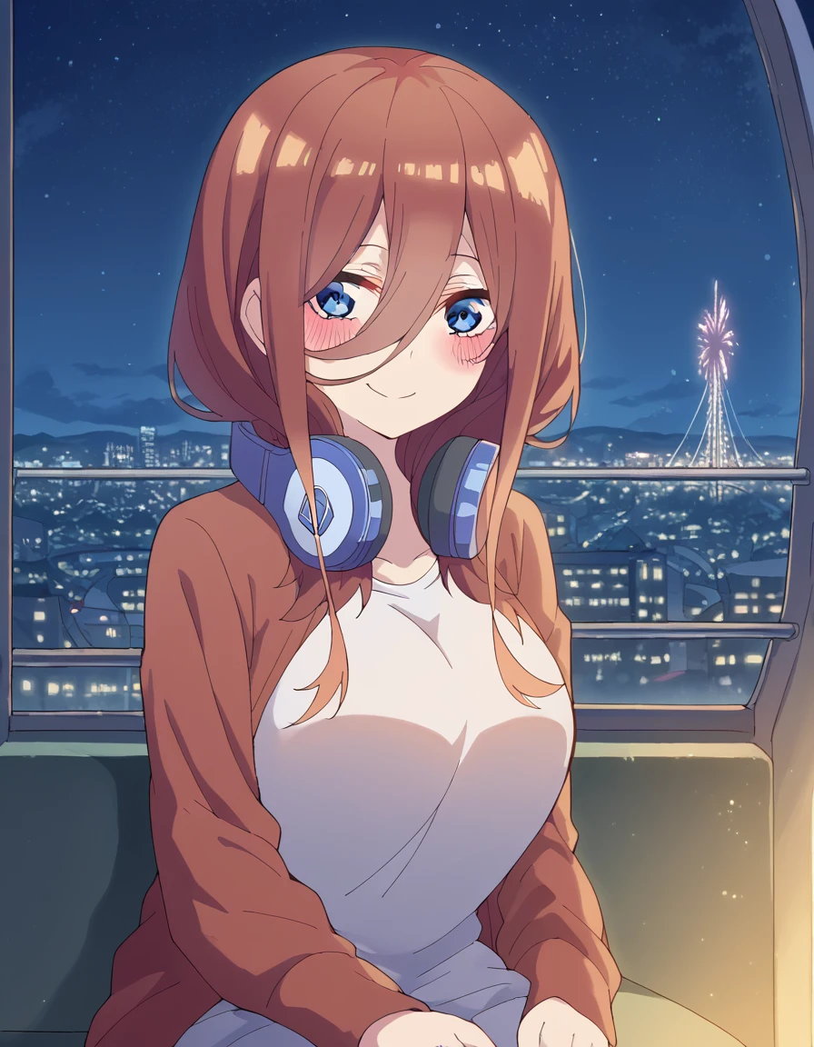 score_9, score_8_up, score_7_up, source_anime, <lora:miku-nakano-s2-ponyxl-lora-nochekaiser:1>, miku nakano, long hair, bangs, blue eyes, brown hair, hair between eyes, headphones, headphones around neck, large breasts,, <lora:ferris-wheel-interior-ponyxl-lora-nochekaiser:1>, ferris wheel interior, ferris wheel, gondola, cityscape, amusement park, city lights, night, fireworks, aeriel firworks, night sky, city, skyline, sky,, sitting, smile, blush, looking at viewer,,