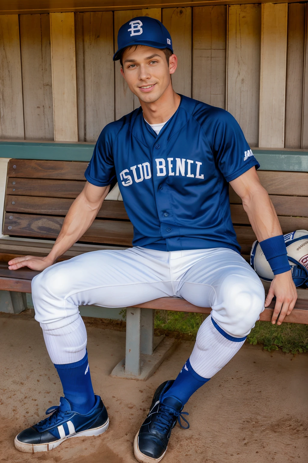 outdoors, baseball field, (in baseball dugout), dirt floor, (sitting on wooden bench), wooden wall, MichaelRoss is a baseballplayer, slight smile, baseball uniform, (blue baseball cap), blue jersey, white pants, (blue socks), long socks, (black sneakers), looking at viewer, ((full body portrait))   <lora:Clothing - Sexy Baseball Player:0.6> <lora:MichaelRoss:0.8>