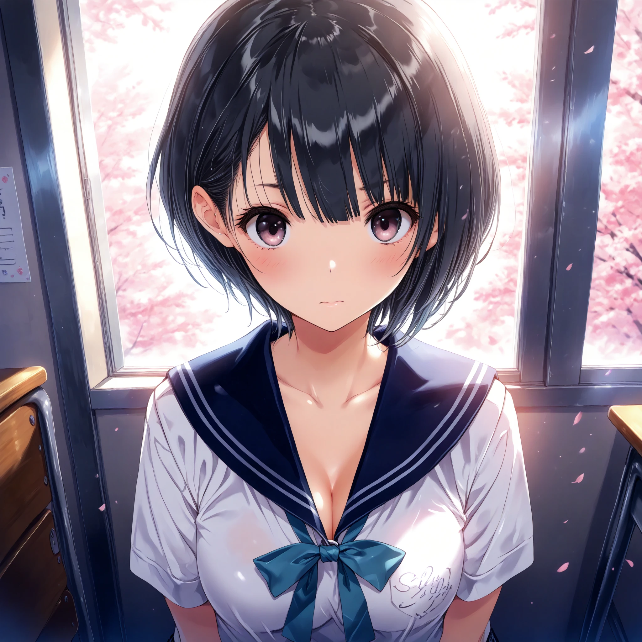 masterpiece, highres,best quality,<lora:shirai hinako-Ill-001:1>, shirai hinako, 1girl, solo, serafuku, school uniform, black hair