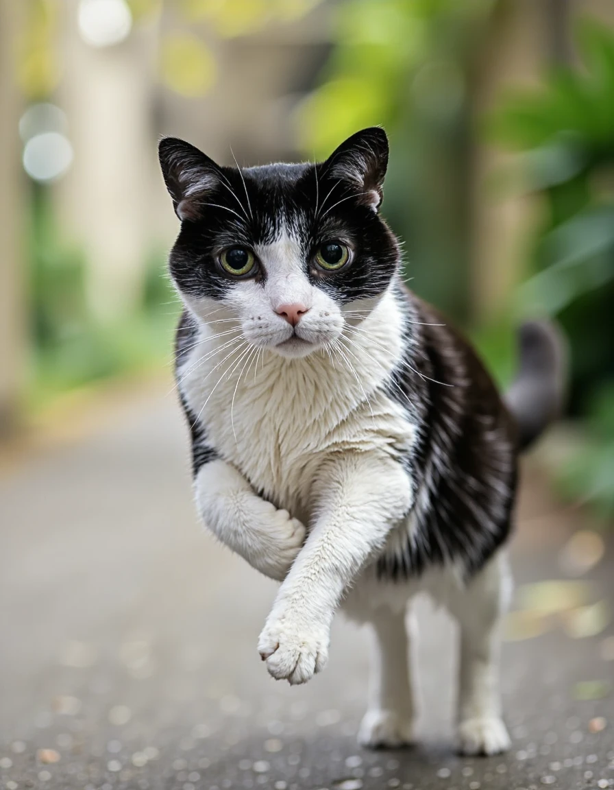 This is a high-quality photograph of Berkeley Cat. He is a black and white cat mid-leap, captured from a slightly low angle. The cats body is fully stretched, with its front paws extended forward and back legs tucked under, showcasing its agility and grace. The background is blurred, emphasizing the cat as the central subject. The lighting is soft and natural, highlighting the cat's fur texture and the subtle details of its face. The overall aesthetic quality of the image is very high, with a shallow depth of field that keeps the cat in sharp focus while the background remains out of focus. <lora:Berkeley_FLUX_3:1.5> <lora:amateurphoto-v6:0.5>