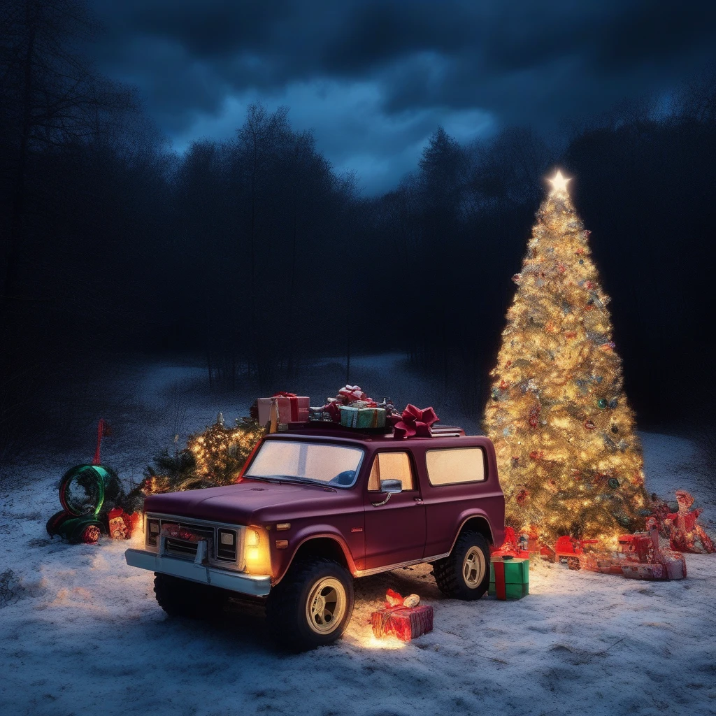 simple background, tire, forest, food, gift, christmas lights, outdoors, lamp, indoors, ground vehicle, tree, grass, weapon, cloud, sky, christmas ornaments, scenery, no humans, day, model toy