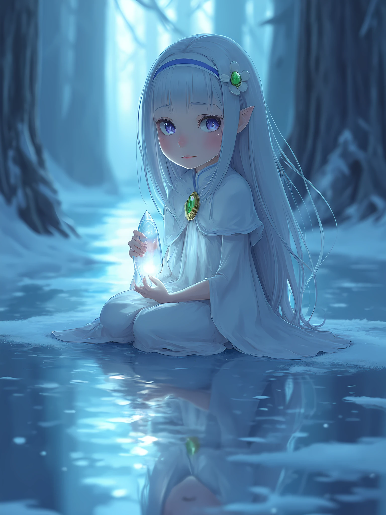 kodomoEmiliaFlux, <lora:kodomoEmiliaFlux:1>, child Emilia sitting on a frozen lake, her reflection shimmering beneath her, holding a glowing crystal, ethereal atmosphere, detailed fantasy environment.