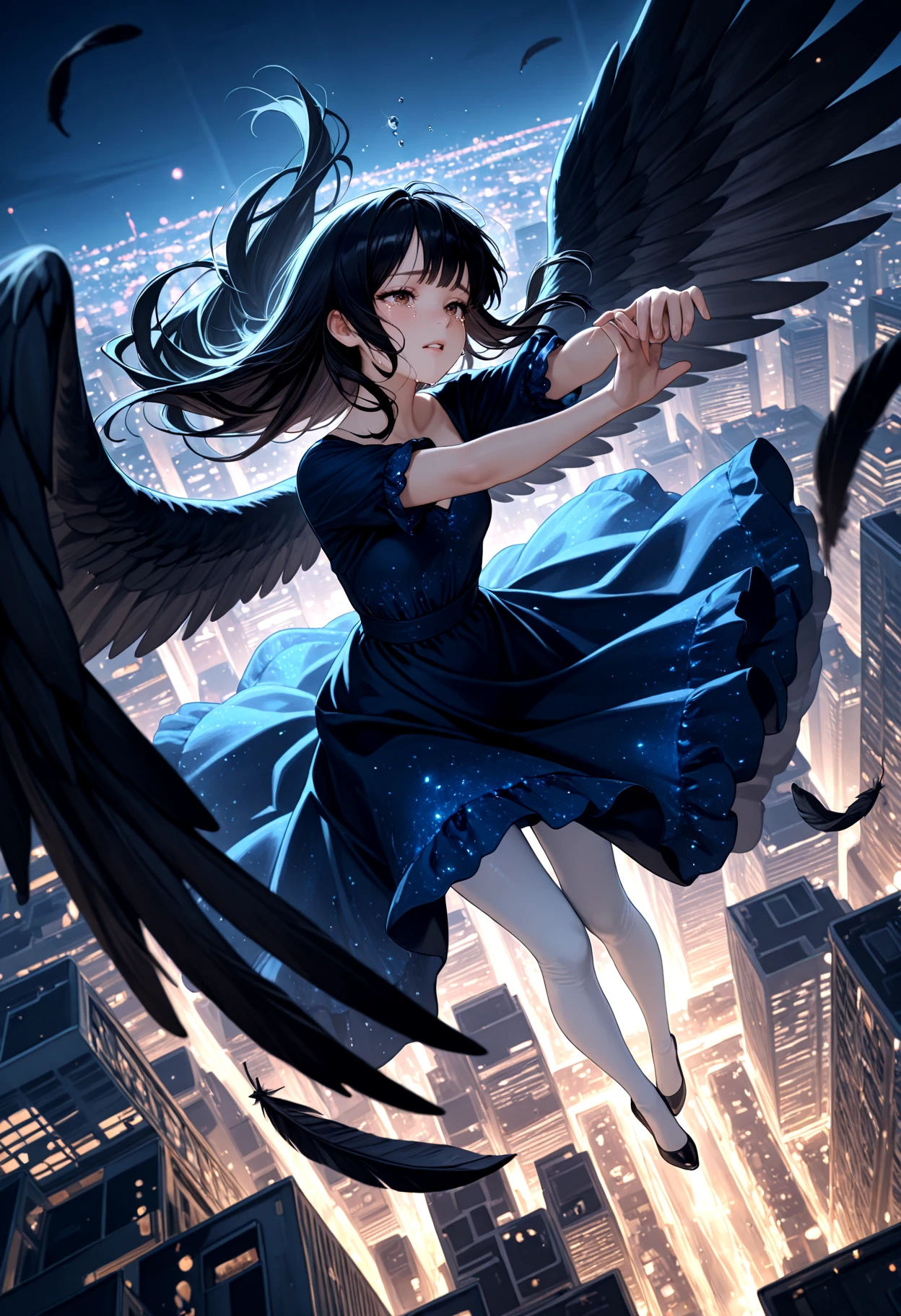 IllusP0s, 1girl, long hair, crying, water, dancing, falling, floating hair, city, white leggings, bangs, black hair, brown eyes, black dress, parted lips, blue dress, eyelashes, night, city, vibrant lights, feathered wings, wings, feathers, water droplets, from above
<lora:AnBanIllus_UnFlat:1.0>