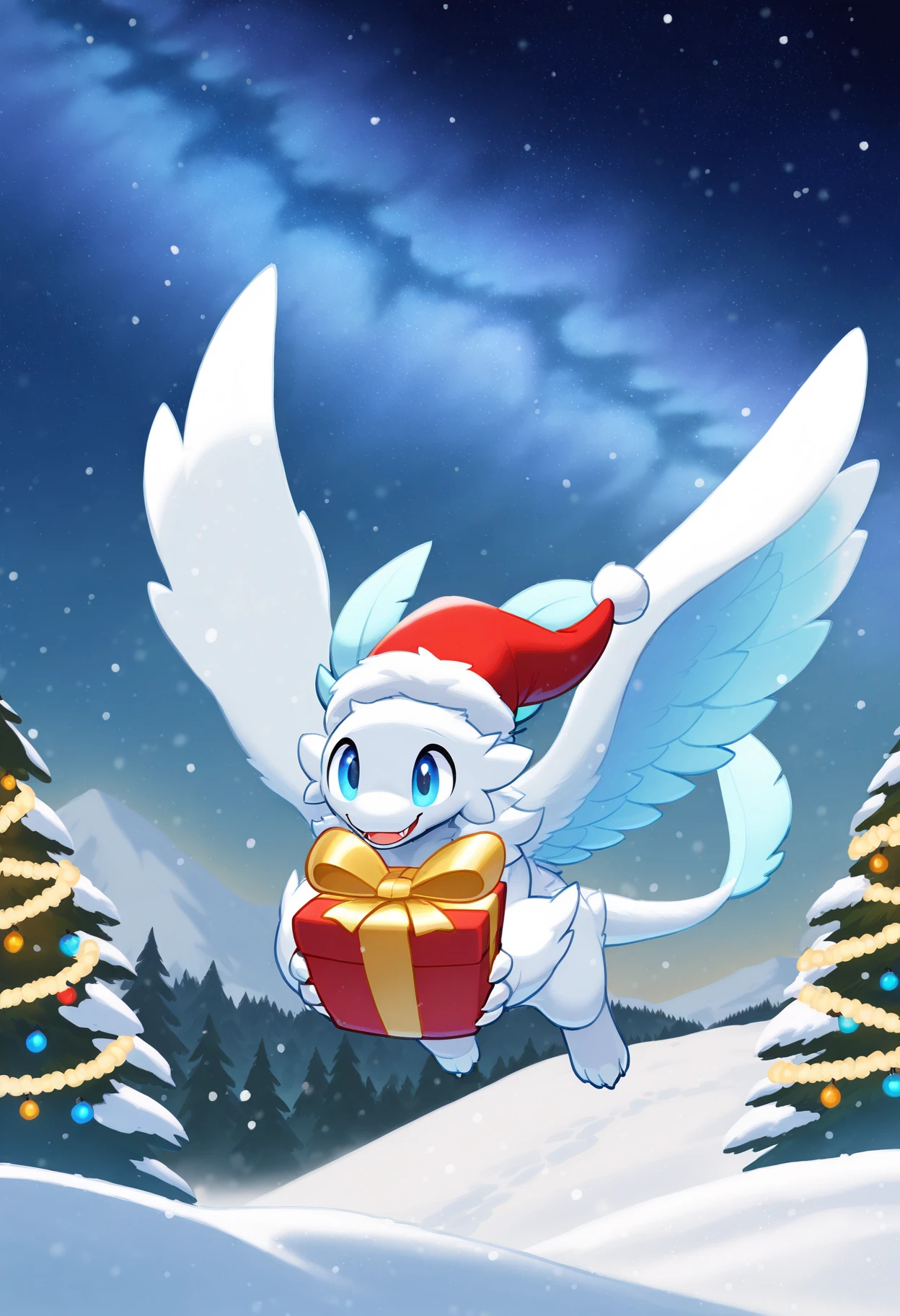 (masterpiece),(best quality),(ultra-detailed),very aesthetic,absurdres, newest,scenery, animal focus, pokemon \(creature\), snow, snowing, trees, christmas lights, christmas decorations, night, sky, stars
<lora:Quivern_Palworld_Illustrious:1> qu1v3rn, blue eyes, white fur, white wings, light blue inner wings, white claws, light blue headfeathers, light blue tailfeather, white tail, long tail, claws, fangs, wings
smile, flying, santa hat, holding gift, holding present, christmas gift
(zooming in:1.4)