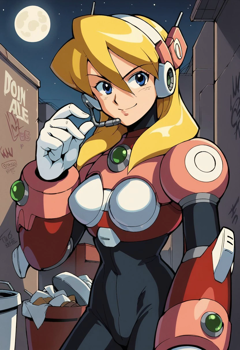 score_9, score_8_up, score_7_up, score_6_up, score_5_up, source_anime, anime_coloring, anime_screencap, retro_artstyle,
AliaMMX, android, 1girl, blonde hair, bangs, hair between eyes, blue eyes, robot ears, breasts, MMX8, headset, long hair, red armor, red boots, white gloves, black bodysuit
upper body, close-up, face focus, looking at viewer standing, leaning, leaning against the wall, smirk, naughty face, mean look, rebel, dark alley, garbage, paper, trash cans, graffiti, torn posters, detailed background, night sky, stars, black sky, moon, moonlight, moon's ray, dim lights, cityscape