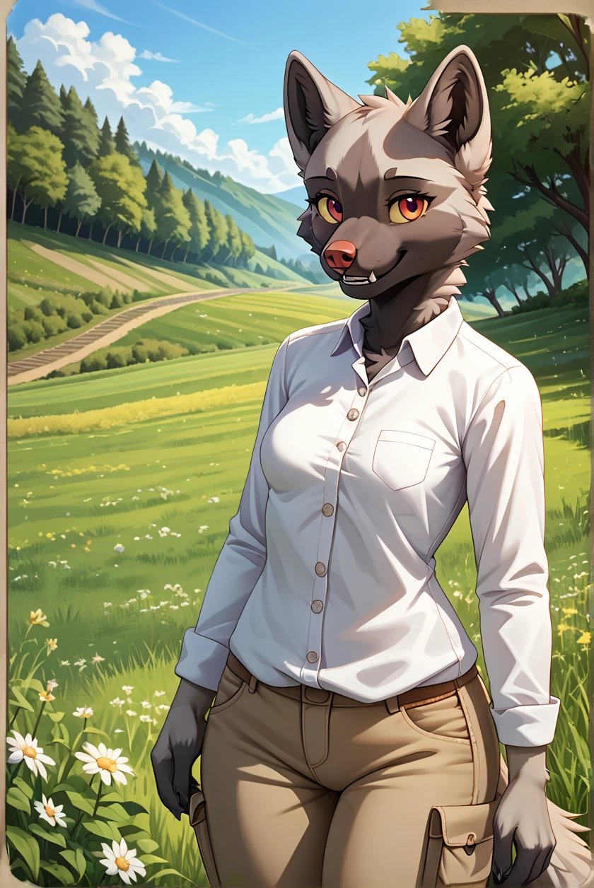 score_9, score_8_up, score_7_up, source_anime, source_furry, (beautiful, detailed background, digital artwork, digital art, well shaded artwork, depth, detailed artwork)1.2, 1girl, female, furry, anthro, poochyena, detailed fluffy fur, ourdoors setting, grassy field, clothed, clothing, cargo pants, long sleeve shirt, small breasts, natural breasts, breast sag, wide hips, thick thighs, standing, closeup, smiling