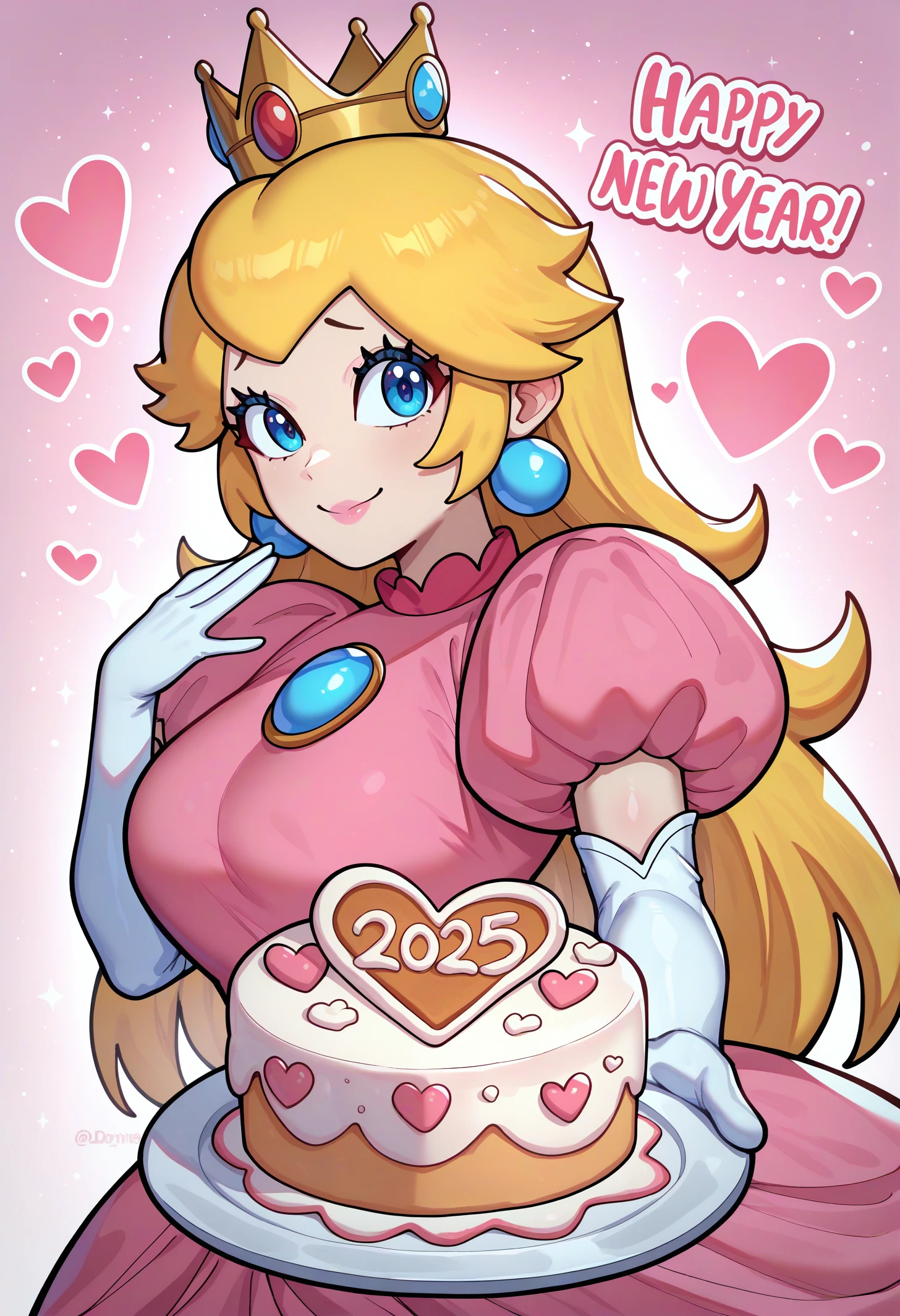 masterpiece, best quality, newest, absurdres, highres, 1girl, <lora:PrincessPeach_NoobAI_Incrs_v1-000012:1>, princess peach, crown, pink dress, earrings, white gloves, puffy sleeves, elbow gloves, puffy short sleeves, blue eyes, long hair, upper body, 
solo, happy, slight smile, serving tray, cake, offering to viewer, hearts, happy new year, (2025:1.4), star \(symbol\), 5, english text, huge text, text focus, looking at viewer,