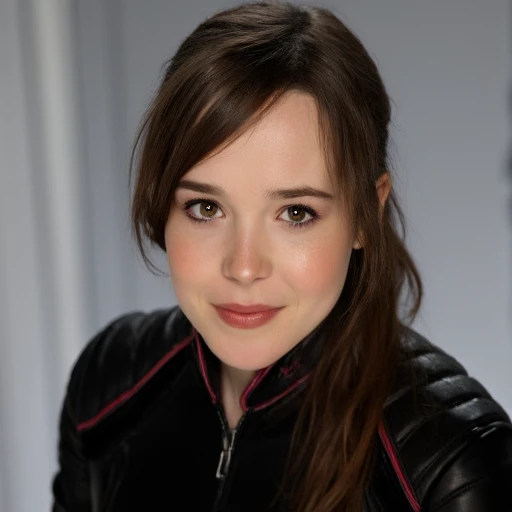 determined look in her dark brown eyes. She is dressed in a sleek, suggesting a casual, Kitty Pryde. The image is a photograph featuring a young woman with long, light brown hair tied back. She has a determined or slightly fearful expression, soft smile on her lips. Her eyes are wide open, and silver background. Mystique is dressed in a black, dark brown hair that falls naturally