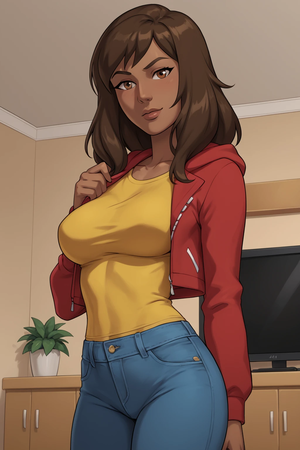 PonyXLV6_Scores BREAK (((parody, animification:1.2)), perfect anatomy, perfect eyes, (cowboy shot)) BREAK <lora:Ms._Marvel_-_Marvel_Animation:0.8> kamala khan, brown hair, long hair, dark-skinned female, brown eyes, flirting, raised eyebrow, ((looking at viewer)), red hoodie, jacket, yellow shirt, blue jeans, large breasts, curvy, toned, athletic, seductive pose, showing off hips, indoors