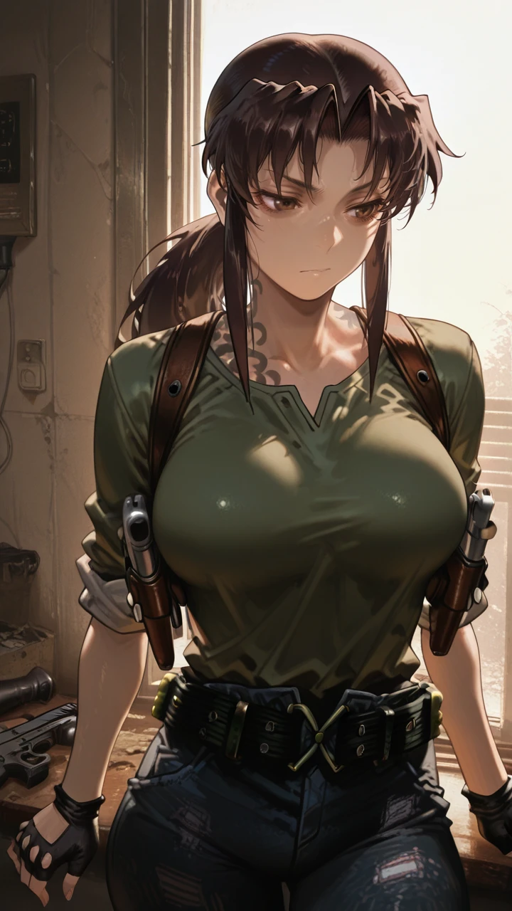 HDR,8K,high contrast,masterpiece,best quality,amazing quality,superabsurd res,high resolution,ultra-detailed,absurdres,newest,revy,1girl,solo,gloves,fingerless gloves,brown eyes,brown hair,ponytail,holster,belt,shirt,(black lagoon),long hair,black gloves,green shirt,breasts,sidelocks,gun,sleeves rolled up,<lora:revy_illustrious_0007:1>,