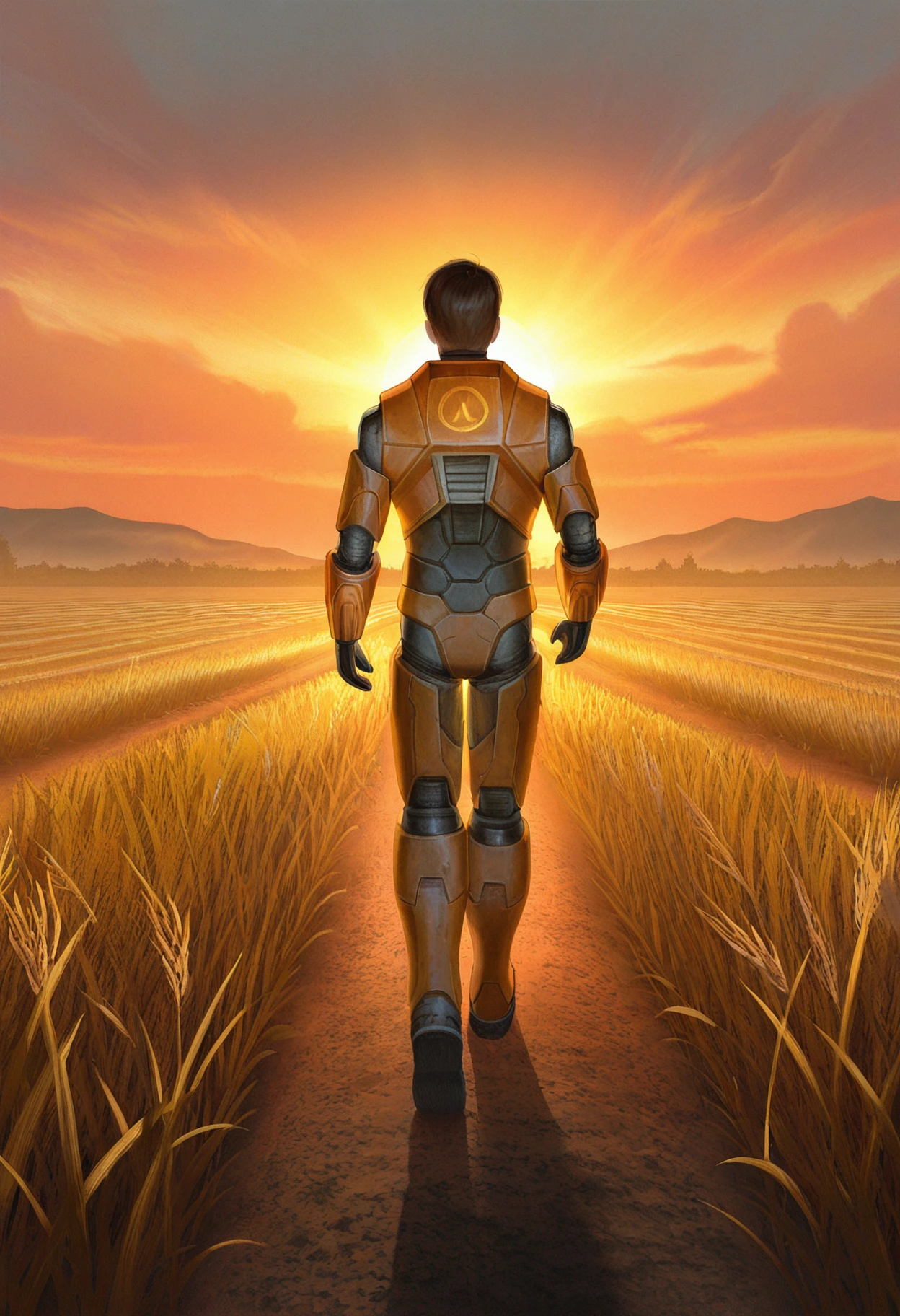 masterpiece, best quality, hires, absurdres, newest, 1boy, solo, male focus, <lora:gordonfreeman-hl-richy-v1_ixl:1>  gordonfreeman, brown hair, short hair, power armor, outdoors field, from from behind, walking, sunset, realistic,