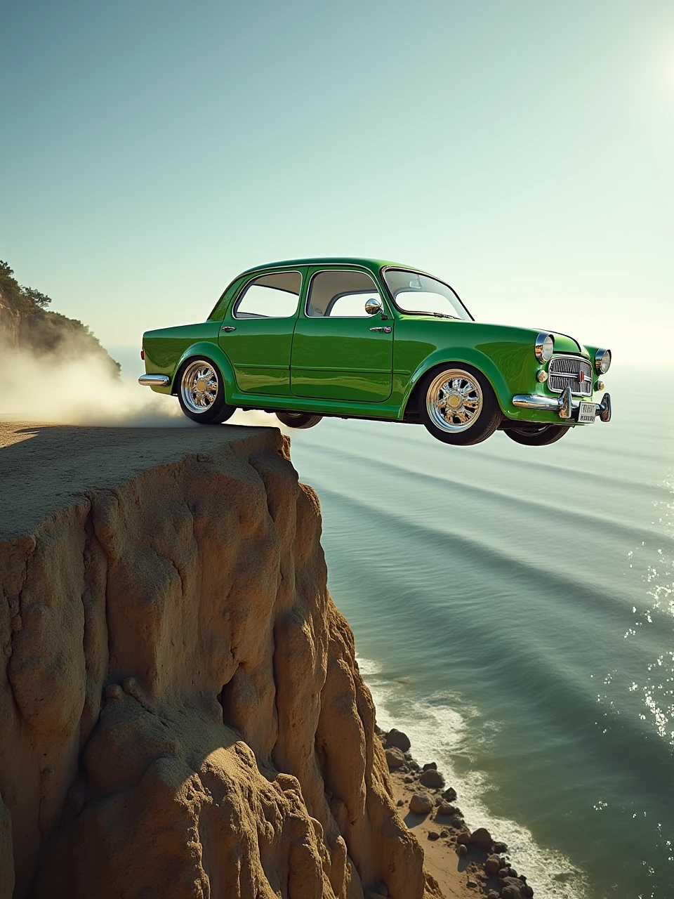 This is an automotive sports photography photo of a green Fiat 1100 car leaping off a cliff, and the camera happened to capture a framed photo of the car leaving the cliff in the air.
coh24, Fiat 1100.