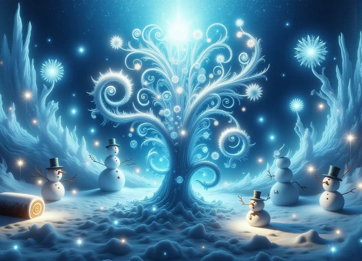 A whimsical winter wonderland scene with DonMsn0wm4G1Cfx style, featuring Mother Nature standing proudly amidst an enchanting Christmas tree decorated with starburst lights, surrounded by snowmen, yule log cake, and the soft glow of twinkling holiday lights on a magical night.