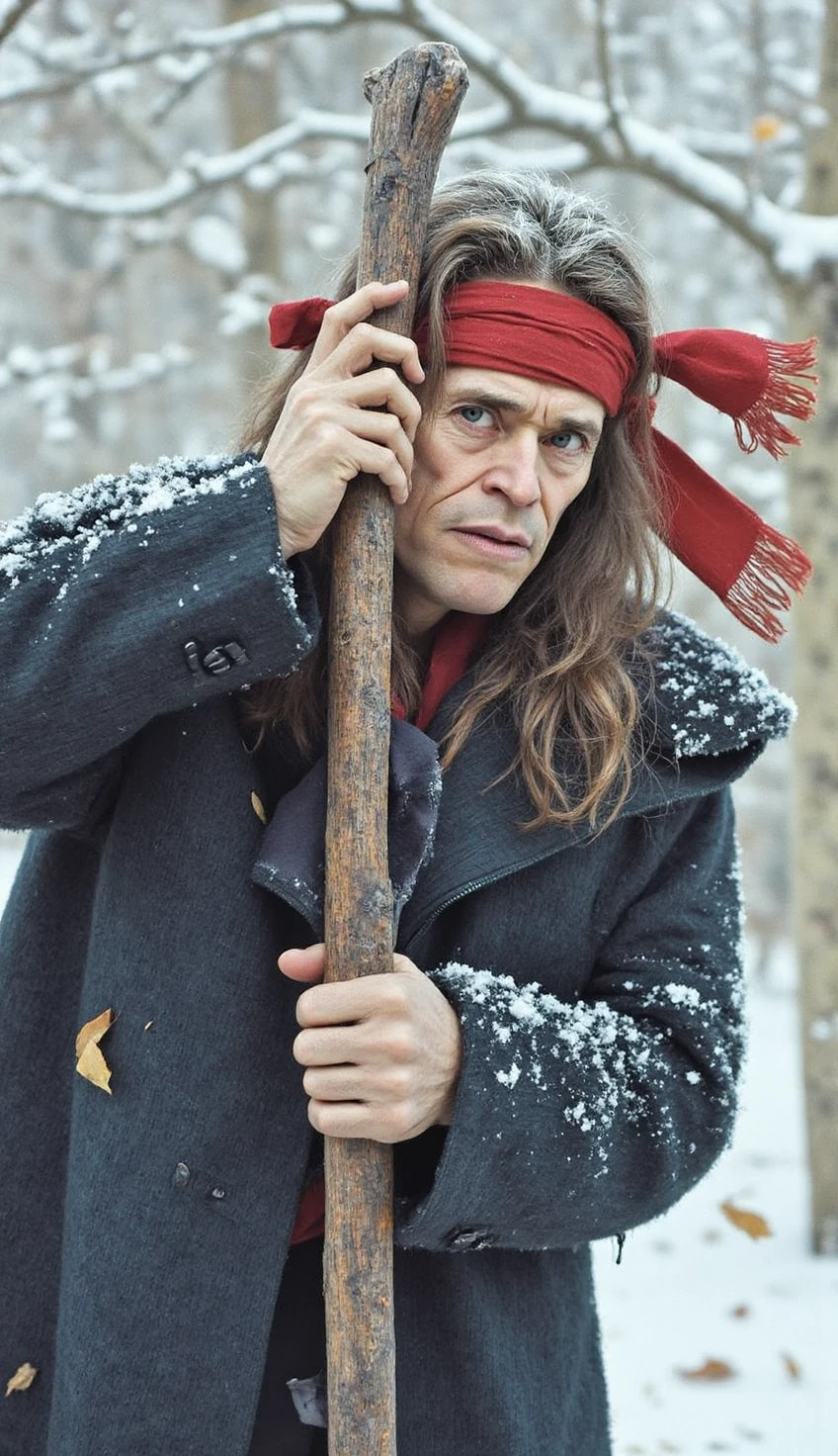 in tha snow,

1boy, 

willem dafoe is wukong the ape god, anthro,

long dirty brown hair,
holding wukong staff in rural china, 

wearing a red headband, wearing the black furred coat of jon snow from game of thrones, 

 
falling leaves, breath condensation, 

a daring look in his eyes, 

aged face, dirty haggard face, 

((full wide angle,full body visible:1.2)), atmospheric effect, volumetric lighting,  

dirt on his face, dutch angle,
