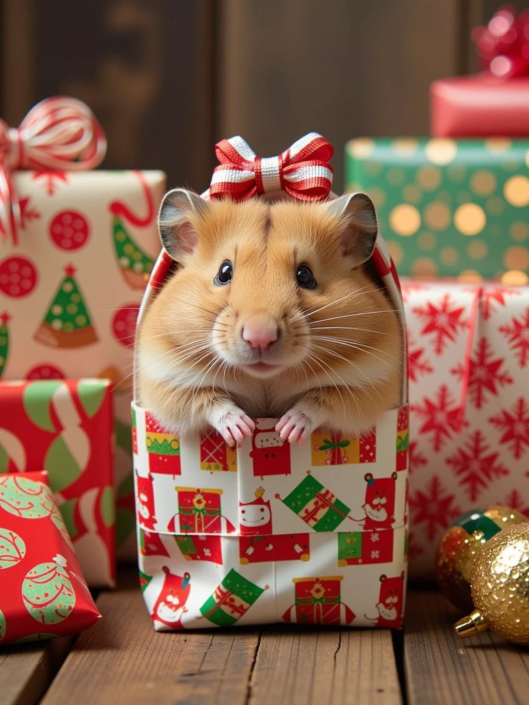 A cute hamster gift-wrapped in festive paper, peeking out with curious eyes. The hamster is adorned with a tiny bow on its head, sitting among brightly wrapped presents and sparkling holiday decorations.