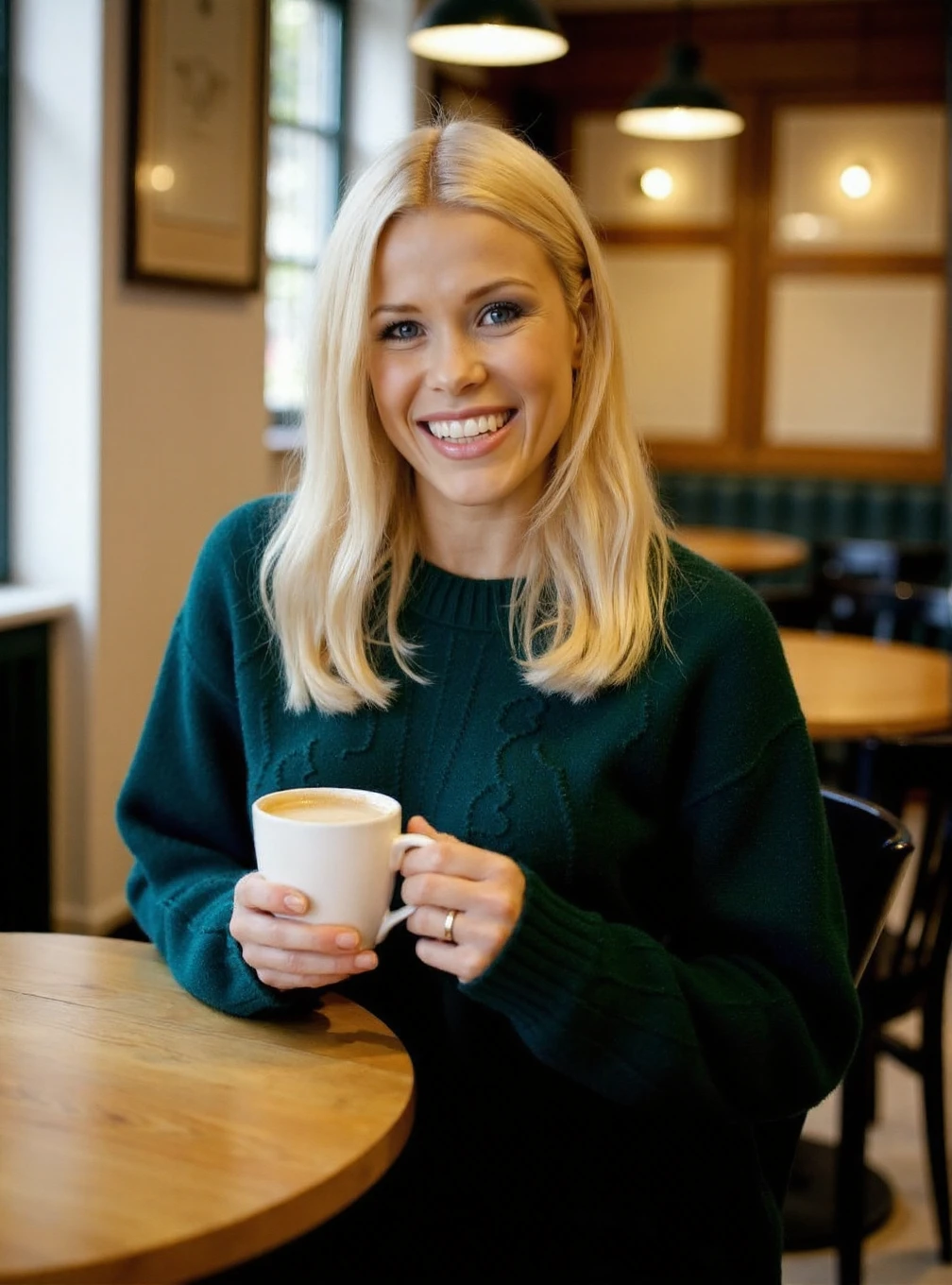 A professional photograph of a young woman Melinda_M3ss3nger wearing a dark green cableknit sweater in a cafe, holding a latte, blonde hair, light make-up, detailed skin, bokeh, female focus, SFW, smile <lora:Melinda_Messenger:1>