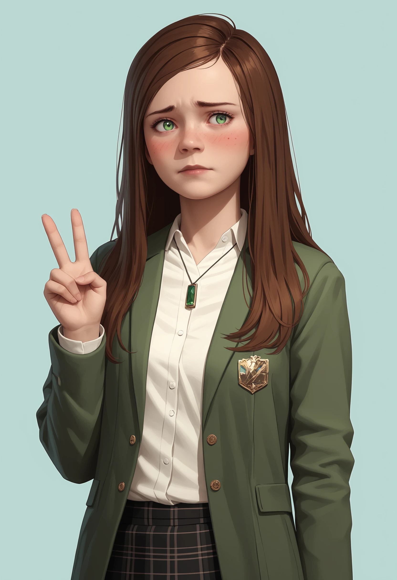 score_9, score_8_up, score_7_up, score_6_up, score_5_up, score_4_up,  <lora:VictoriaHitmanA:0.7> 1girl, solo, victoriaf, long hair, brown hair, green eyes, jacket, skirt, necklace, upper body, looking back, standing, v sign, embarrassed, blush,
light blue background, simple background,