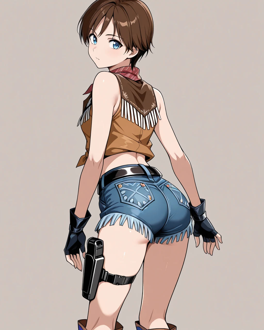 masterpiece, best quality, high quality,  <lora:10_becky_7_il:1>,reb_3cowg, 1girl, solo, blue eyes, brunette hair, short hair, red neckerchief, sleeveless frilled cowgirl top, midriff, navel, denim cutoff shorts, black belt silver buckle, thigh holster, brown and blue cowgirl boots, black fingerless gloves, looking over shoulder, view from rear, back, ass