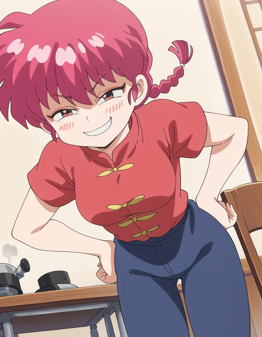 score_9, score_8_up, score_7_up, source_anime, <lora:ranma-saotome-s1-ponyxl-lora-nochekaiser:1>, ranma saotome, braid, red hair, single braid, braided ponytail, red eyes, medium breasts, anime screencap,, pants, chinese clothes, tangzhuang,, staff room, table, chairs, coffee machine, relaxation, , <lora:anyas-heh-face-ponyxl-lora-nochekaiser:1> anyas heh face, anya's heh face (meme), smile, smug,, blush, leaning forward, bent over, hands on own hips, cowboy shot, looking at viewer, solo,, dutch angle, cowboy shot