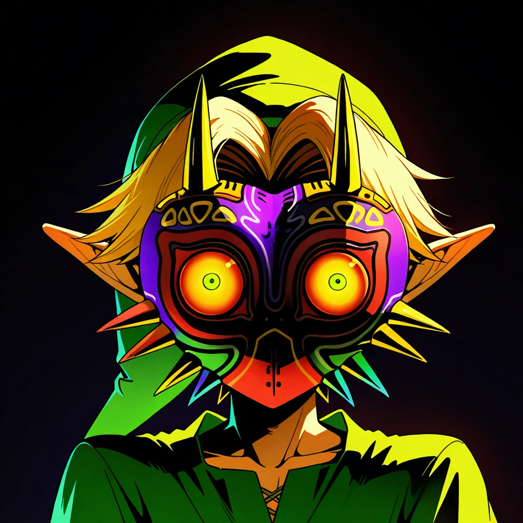 masterpiece, best quality,    link, majora (entity), nintendo, the legend of zelda, the legend of zelda: majora&#039;s mask, highres, 1boy, black background, blonde hair, blue eyes, facing viewer, hat, male focus, mask, pointy ears, portrait, red eyes, solo   ,<lora:MajoraZeldaIXL_v2:1.0>,