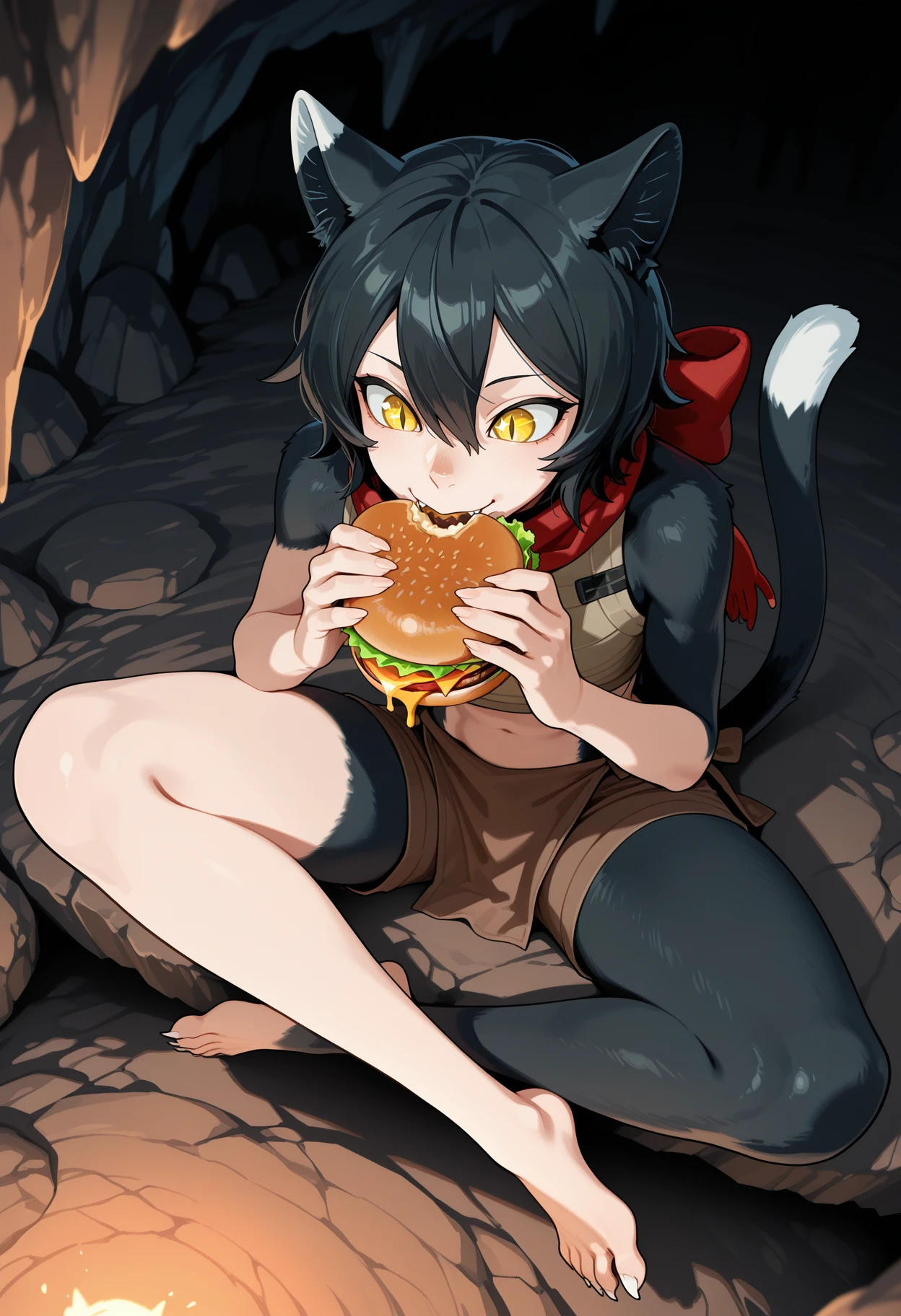 masterpiece,best quality,amazing quality, 1girl, solo,  <lora:izutsumi_v2:1>, izutsumi, cat girl, short black hair, yellow eyes, red scarf, slit pupils, loincloth, furry female, black body fur, cave, indoors, full body, brown shorts, barefoot, sharp toenails, crossed legs, lotus position, from above, eating, holding burger, happy, sparkling eyes,