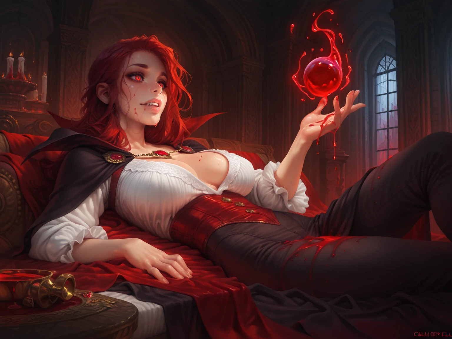 mature female, vampire, cape, reclining in blood pool, red eyes, blood, red hair, long hair, hand up, solo, magic, indoors,
, <lora:Calm:0.8>, calm style, western art, masterpiece, best quality, amazing quality