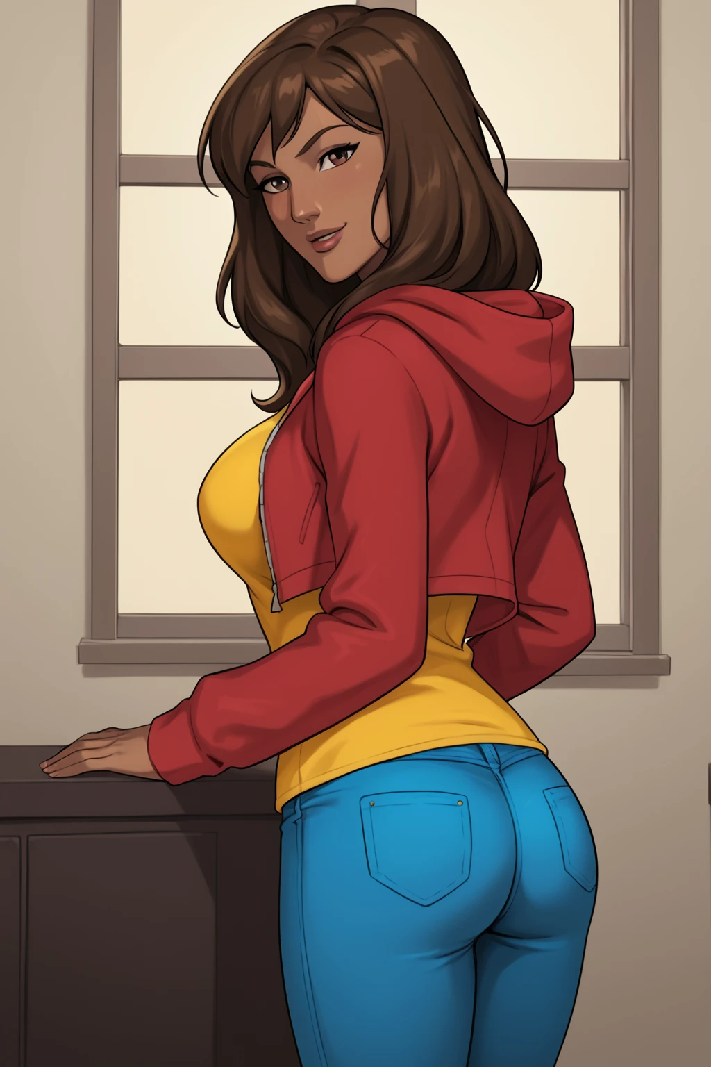 PonyXLV6_Scores BREAK (((parody, animification:1.2)), perfect anatomy, perfect eyes, (cowboy shot)) BREAK <lora:Ms._Marvel_-_Marvel_Animation:0.8> kamala khan, brown hair, long hair, dark-skinned female, brown eyes, flirting, raised eyebrow, ((looking back at viewer)), red hoodie, jacket, yellow shirt, blue jeans, large breasts, curvy, toned, athletic, seductive pose, showing off hips, indoors