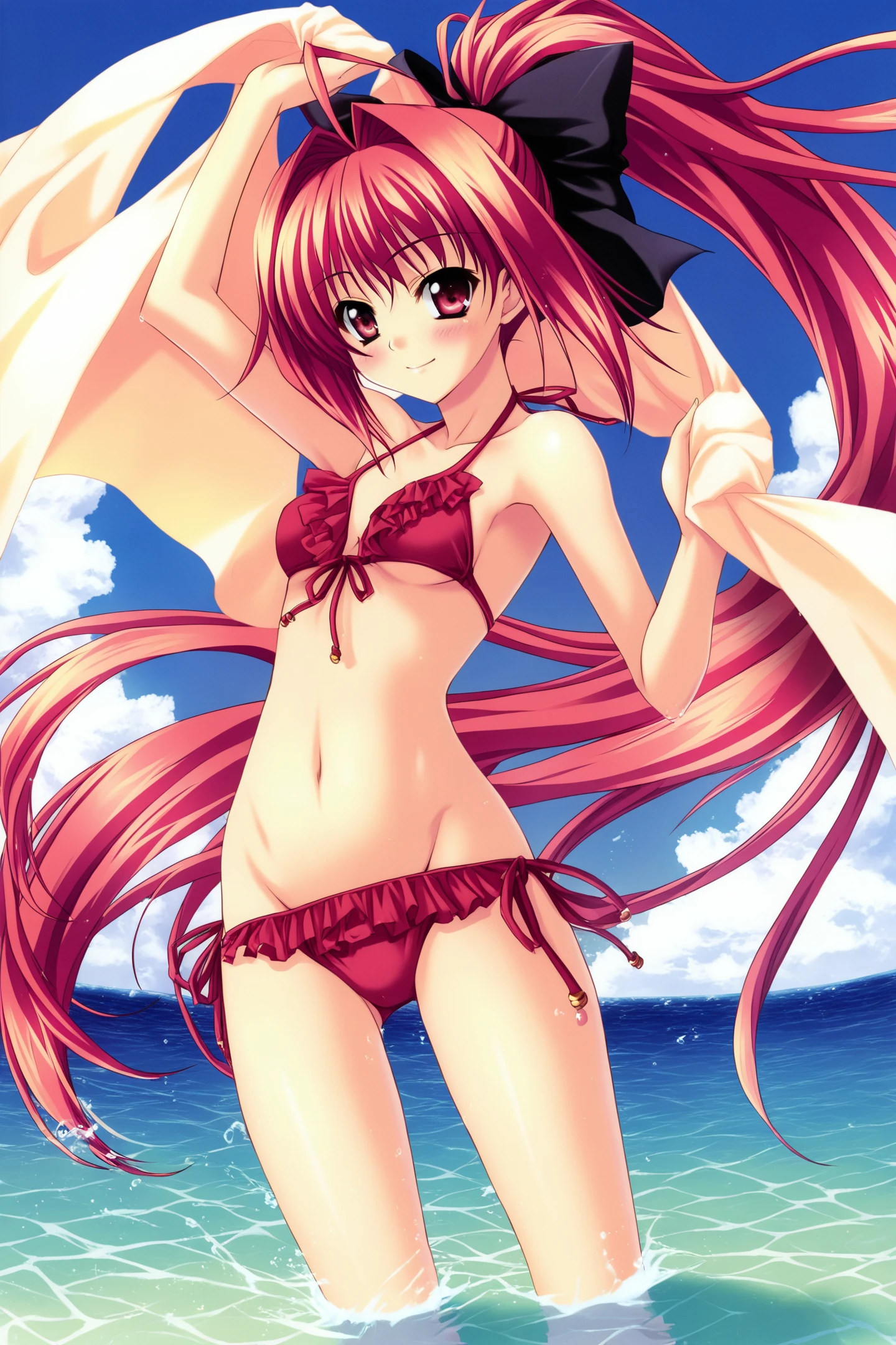(masterpiece, best quality), best resolution, (2heads:1.5), 1girl, star-shaped pupils in left eye, orange hair, long hair, pink eyes, multicolored bikini, blonde, bangs, multicolored hair, (simple background:1.4)