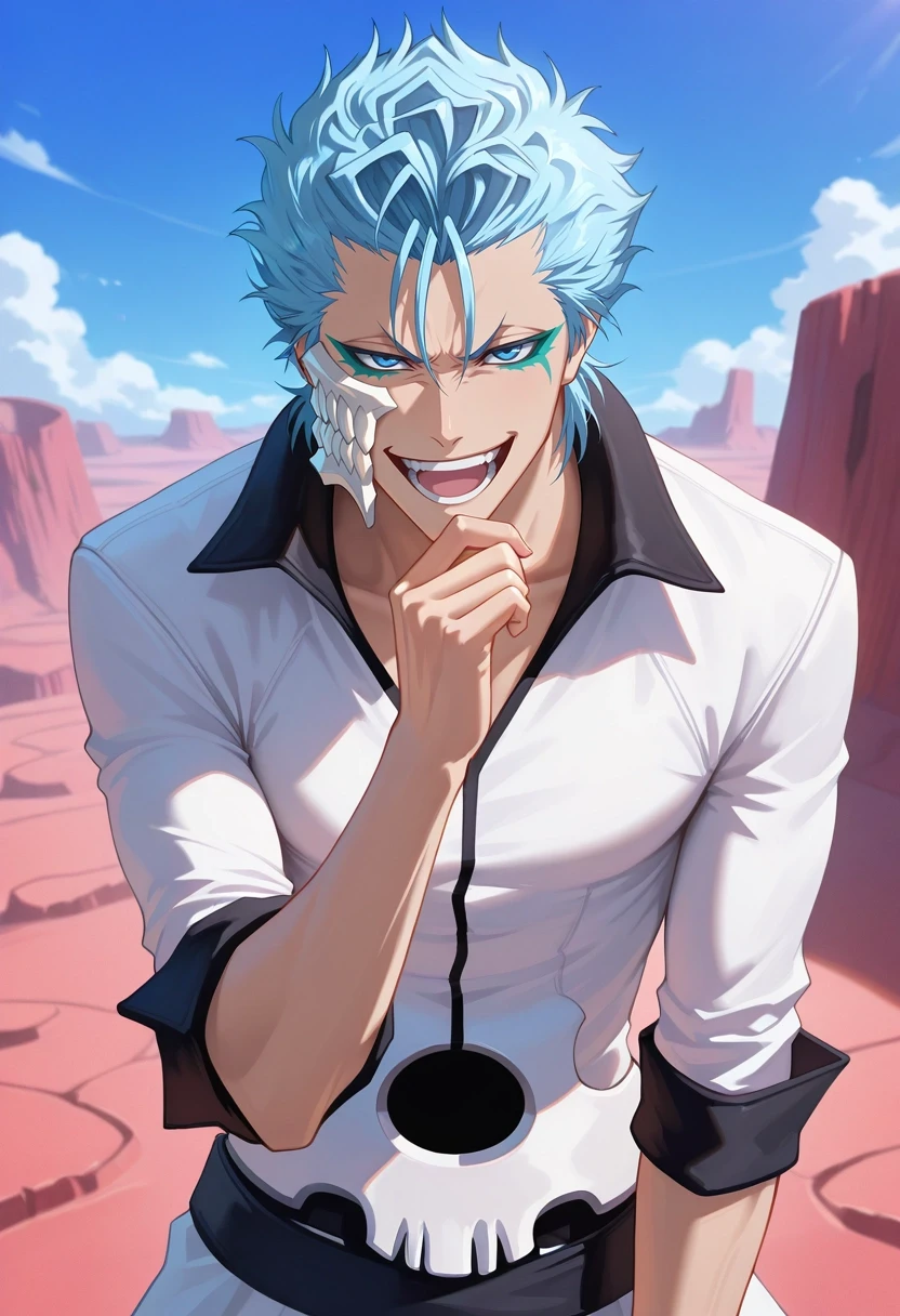 masterpiece, best quality, , semi-realistic, looking at viewer, , 1boy, solo, male focus, <lora:grimmjow_jaegerjaquez_ilxl:1>, grimmjow_jaegerjaquez, blue hair, blue eyes, facial mark, arrancar, mask, short hair, asymmetrical, death valley, day, pose, laughing,