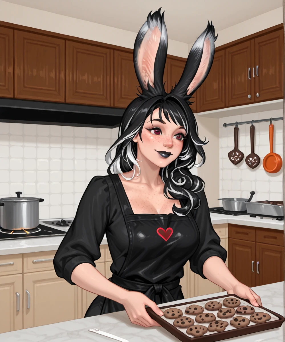 <lora:Silvia_Illustrious-000005:1>silvia, 1girl, black hair, white hair, two-tone hair, red eyes, freckles, black lips, viera, breasts, inside kitchen, indoors, baking cookies, heart shape, chocolate cookies, joy, happy, cook