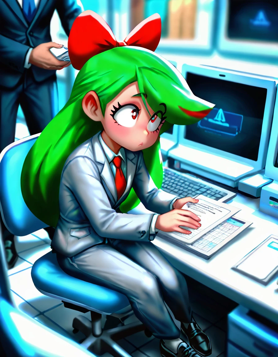 masterpiece, best quality, amazing quality, very aesthetic, absurdres, newest, (looking forward:1.2), <lora:tabby:0.85> t4bby, green hair, long hair, hair bow, red bow, Banker, suit, tie, formal shoes, in a bank with desks, computers, and financial documents, masterpiece, best quality, amazing quality