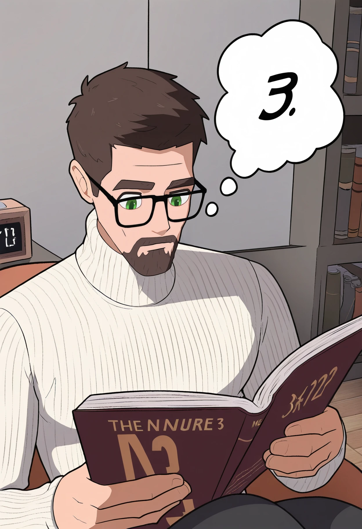 masterpiece, best quality, hires, absurdres, newest, 1boy, solo, male focus,<lora:gordonfreeman-hl-richy-v1_ixl:1>  gordonfreeman, brown hair, short hair, facial hair, glasses, green eyes, turtleneck sweater, ribbed sweater, white sweater, indoors, sitting, reading, book, (the number "3":2), thought bubble, text, clock