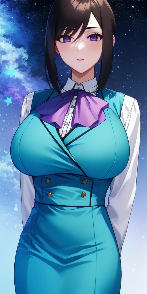 <lora:LinnaYamazakiV4:0.7> linna_yamazaki, huge_breasts, standing, solo, starry_sky, arms_behind_back, white_collared_shirt_purple_ascot_aqua_pencil_skirt_aqua_vest, masterpiece, best_quality, detailed_face, detailed_eyes, highres, beautiful, detailed, absurdres,