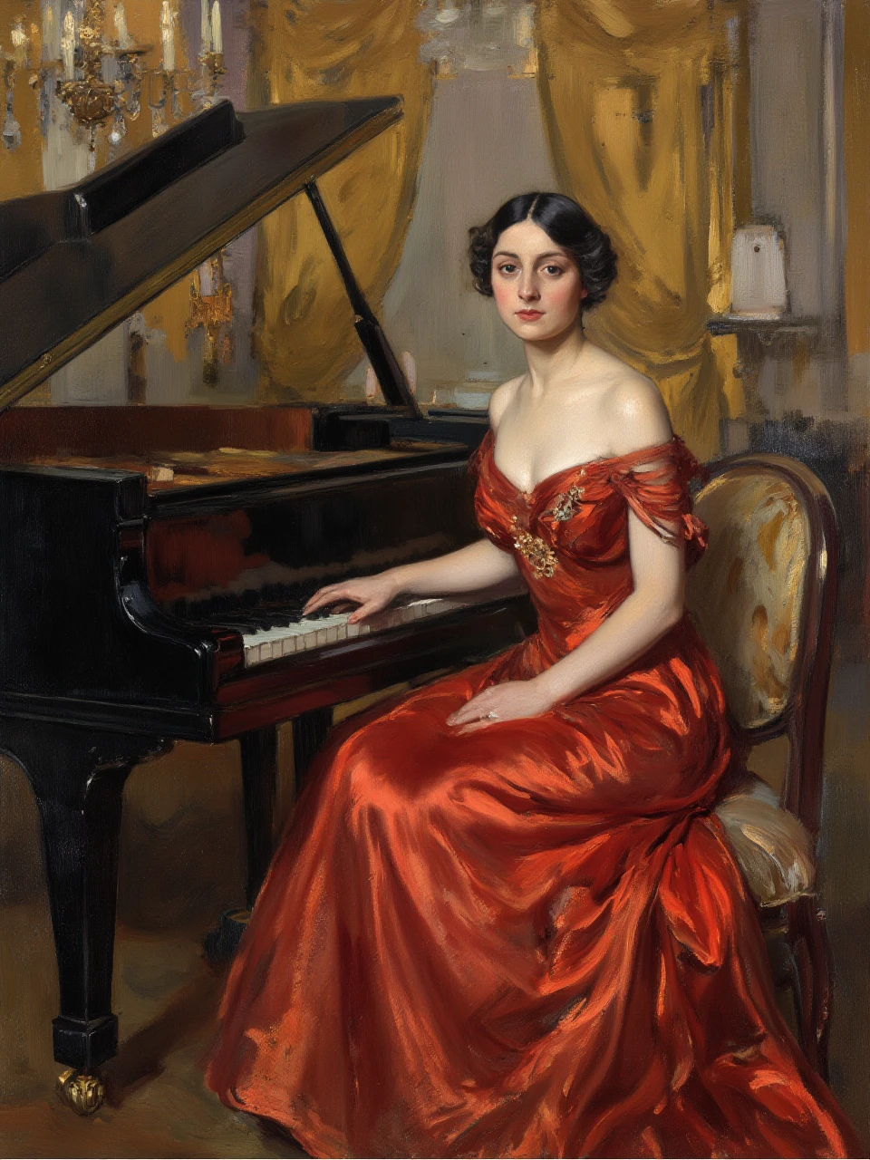 An oil painting, portraying a young woman in a flowing red gown seated beside a grand piano. The background is a luxurious room adorned with golden drapes and ornate chandeliers. Her face reflects a pensive expression as her fingers rest lightly on the keys. The composition highlights the contrast between her vibrant dress and the piano’s sleek black finish, with soft, blended brushwork capturing the interplay of light and shadow.

