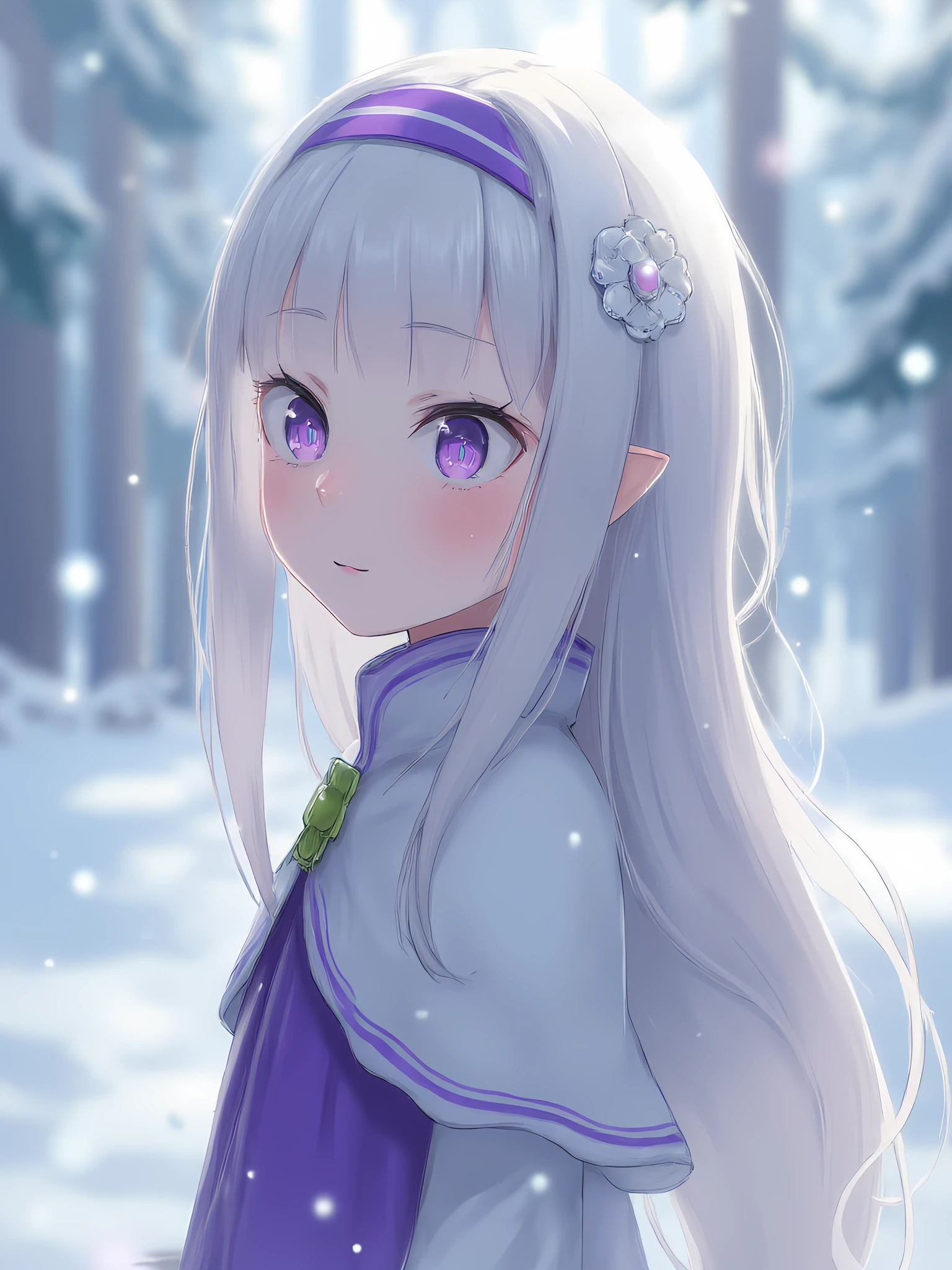 kodomoEmiliaFlux, <lora:kodomoEmiliaFlux:1>, young Emilia from Re:Zero, rendered in hyperrealistic detail, with silver hair flowing in a gentle breeze, standing in a snowy landscape, photorealistic portrait, soft bokeh.