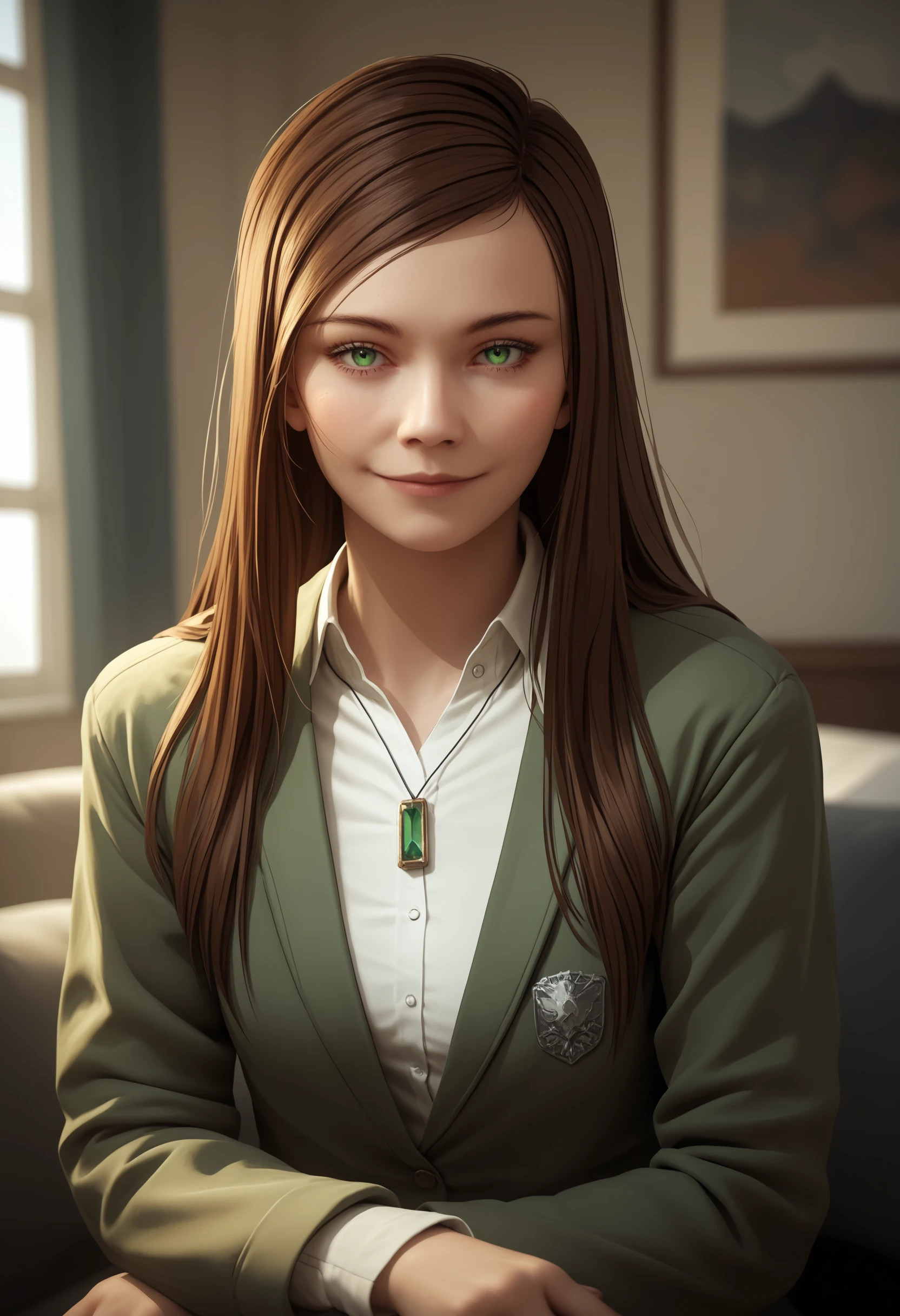 score_9, score_8_up, score_7_up, score_6_up, score_5_up, score_4_up,  <lora:VictoriaHitmanA:0.75> 1girl, solo, victoriaf, long hair, brown hair, green eyes, jacket, necklace, upper body, looking at viewer, smile, bedroom eyes, sitting, 
indoors,